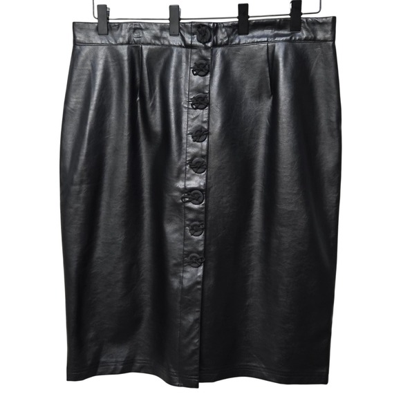ELVI Pencil Skirt Plus Size 20 Black Faux Leather Midi Unique Button Bow Whimsy - Picture 1 of 9